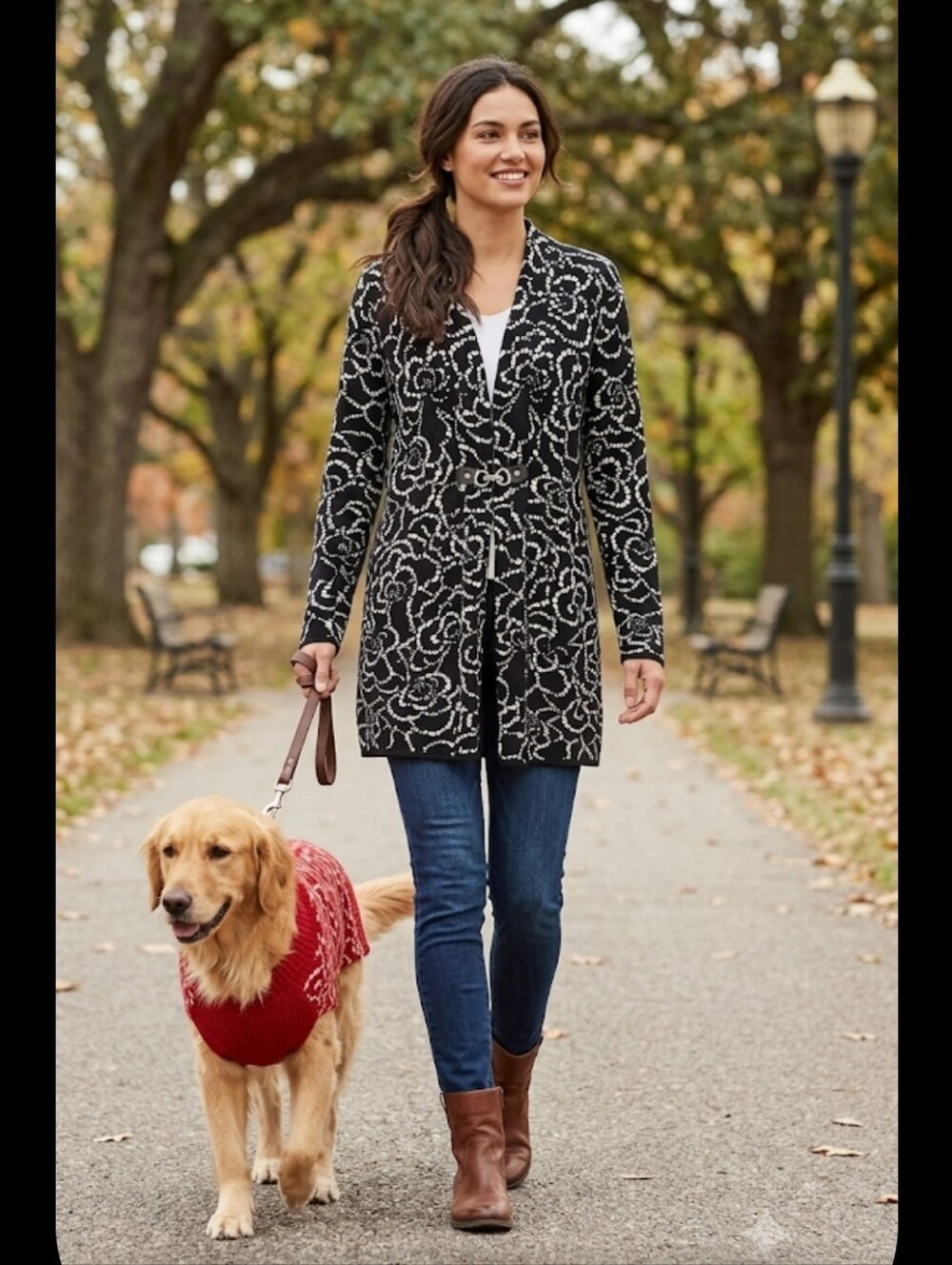 Long Cardigan Sweatercoat L-XL Black & White Floral Charter Club